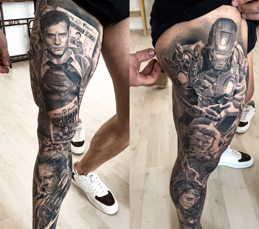 Sergio Feray tatuaje superhéroes superheroe superheroes realizado por Miguel Bohigues de VTattoo rene zz realismo blanco y negro
